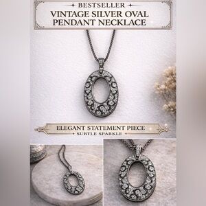 Vintage Silver Oval Pendant Necklace • 17.75” •Statement Piece •Subtle Sparkle
